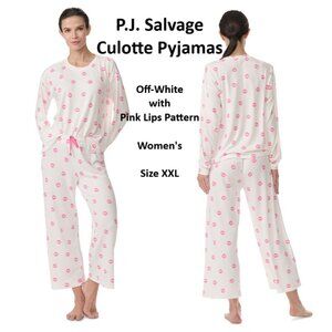 P.J. Salvage 2 Pc Culotte Pyjamas Off-White Pink Lips Buttery Soft Women's XXL
